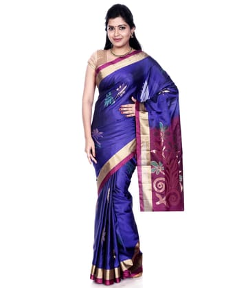 Navy Blue Kanchipuram Silk Saree with Dark Pink-Gold border + Floral Motifs
