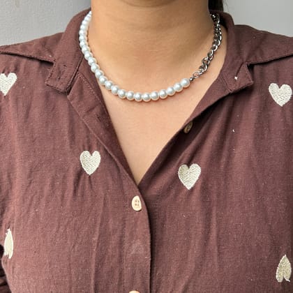 PEARL CUBAN HALF NECKLACE - 18K WHITE GOLD-PLATED