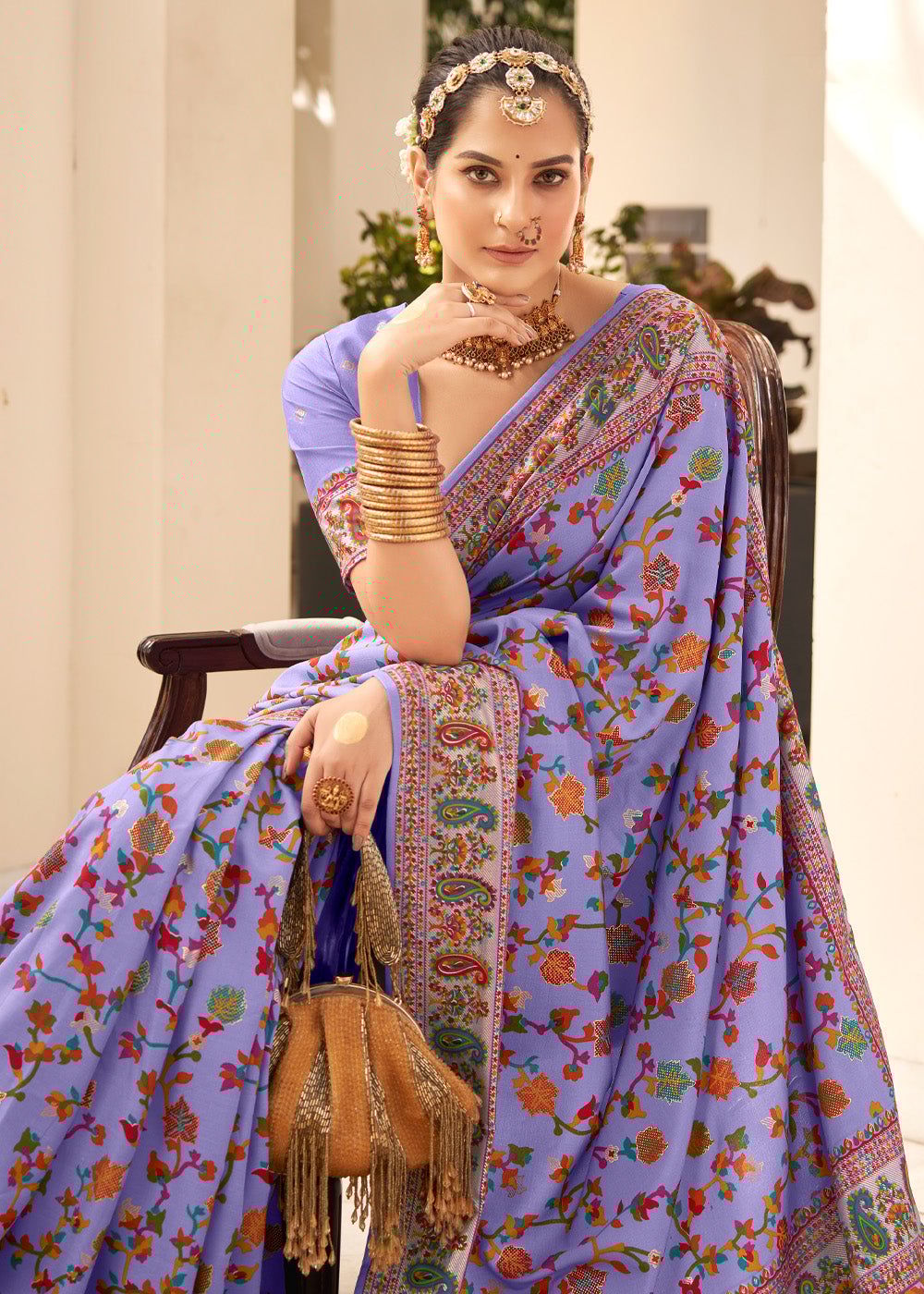 Lavender Purple Woven Kashmiri Jamewar Silk Saree