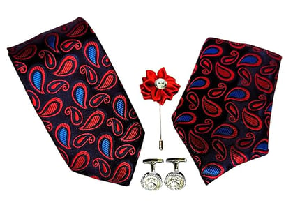 VOICI France Mens Paisley self-design necktie pocket square and cufflink combo gift set Red Blue color free size - Set