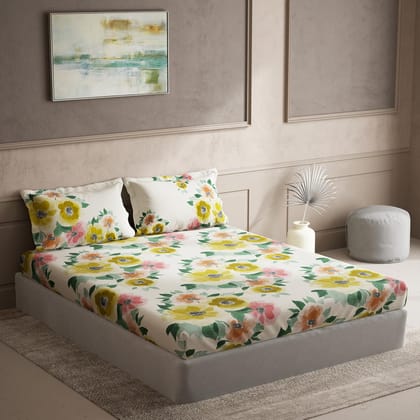 DDECOR - Cherish Collection 100% Cotton Floral Pattern 150TC Super King |274 CM X 274 CM| with 2 Pillow Covers - Yellow