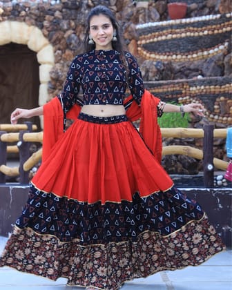 Festive Fusion Stitched Lehanga Choli Set Red & Black Blockprinted-32