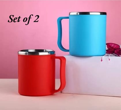 2 Pcs Happy Mug with Lid Stainless Steel Coffee Mug 200 Ml Red Blue