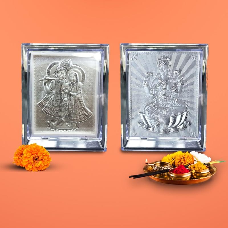UAX Pack of Two 999 Pure Silver Bhakti Idols | Pack of Radha-Krishna and Laxmi | Murti Silver Gift Item | Gift for Office Home & Car Desk