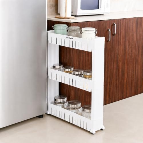 Basics Slim Rolling Storage Rack – 3-Tiered Shelf Plastic Slide-Out Organizer