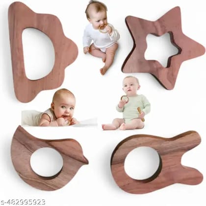 Neem Wood Teethers for Babies | Natural and Organic | Wooden Baby Teether | Helps in Teething | Set of 4 | for 3+ Months Babies.(Star & Cat, Bird & Cloud) (Combo of 4)