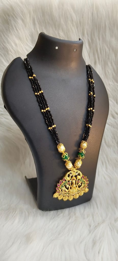 Black Beads Necklace with Golden Pendant