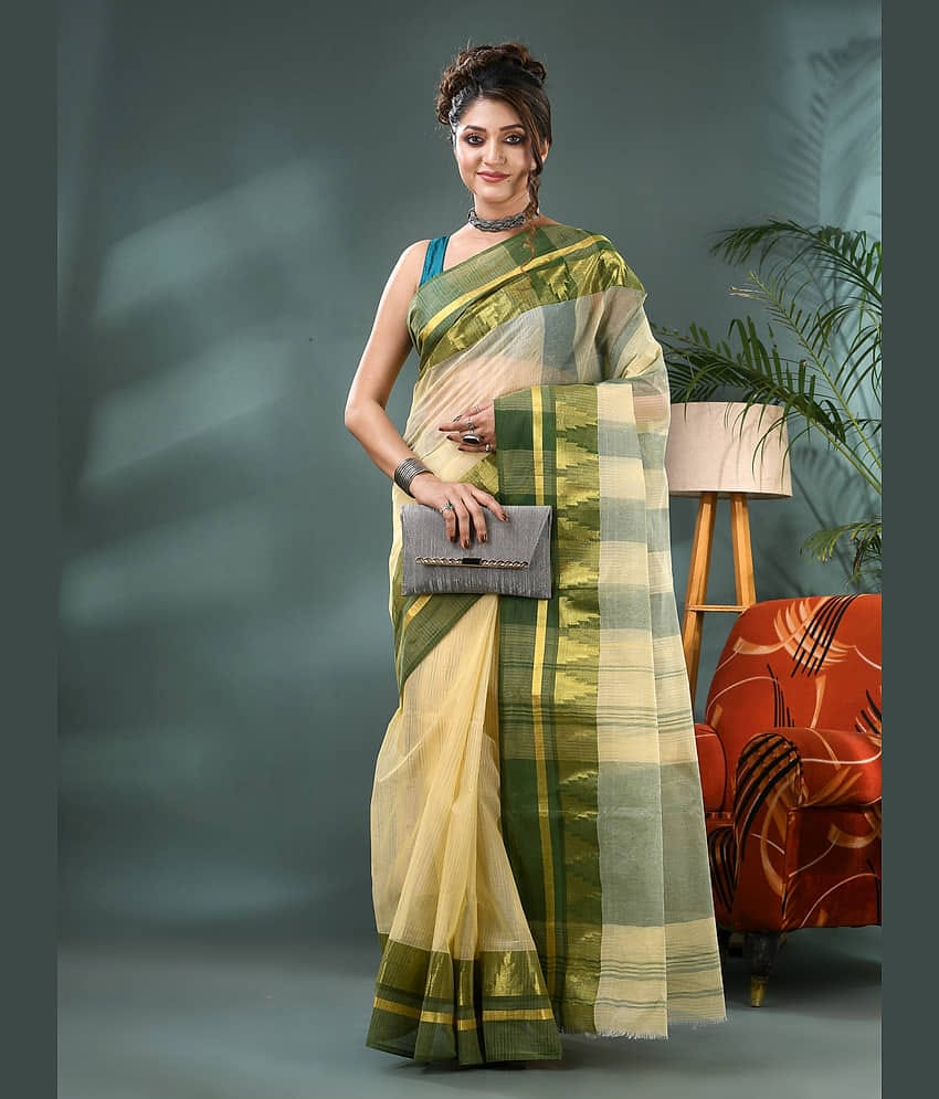 Desh Bidesh Cotton Woven Tant Saree Without Blouse Piece ( Off White )