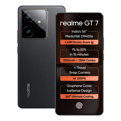 realme GT 7 (IceSense Black,12GB+256GB) | India's 1st MediaTek D9400e Chipset | Strongest Battery Combo 7000mAh + 120W | AI 4K 120FPS Travel Camera | 360 Cooling IceSense Design with Graphene realme GT 7 (IceSense Black,12GB+256GB) | India's 1st MediaTek