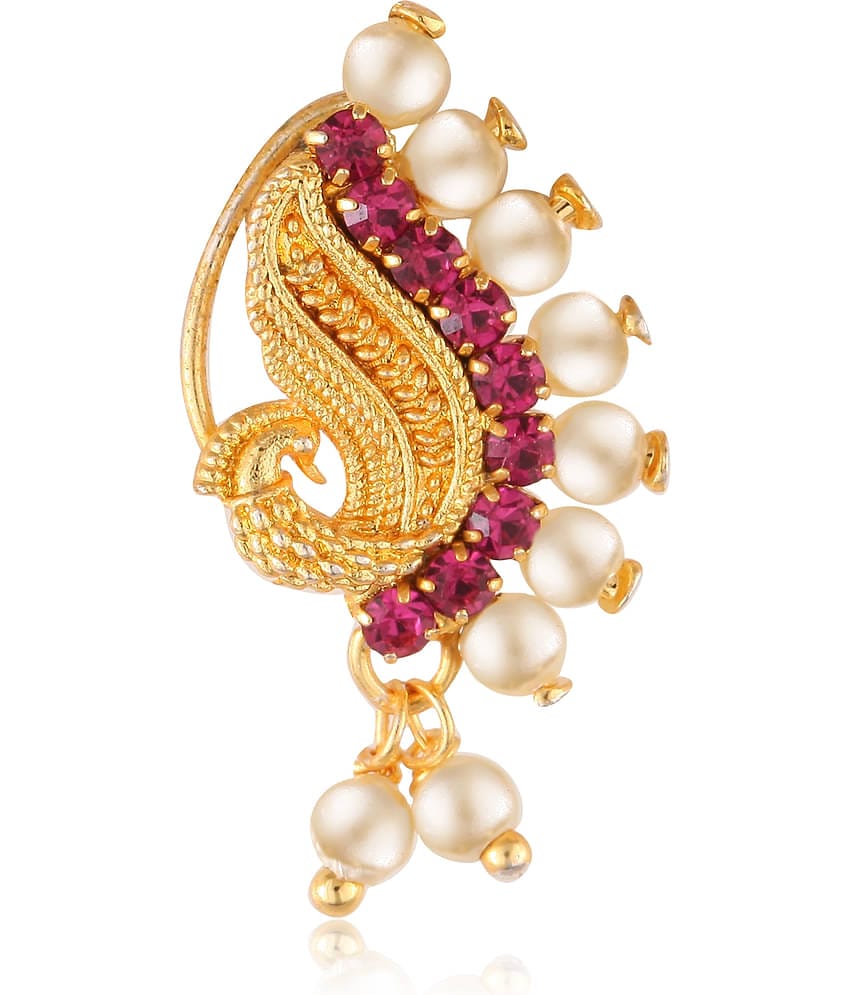 Vighnaharta Gold Plated with Peals Alloy and CZ stone Non Piercing Maharashtrian Nath Nathiya./ Nose Pin for women  [VFJ1080NTH-Press-Red ]