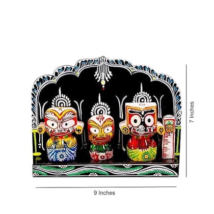 Handcrafted Wooden Jagannath, Balabhadra & Subhadra Idol Set on Acrylic Singhasan for Home Temple & Pooja Decor – Traditional Jagannath Trio Statue (Multicolor)