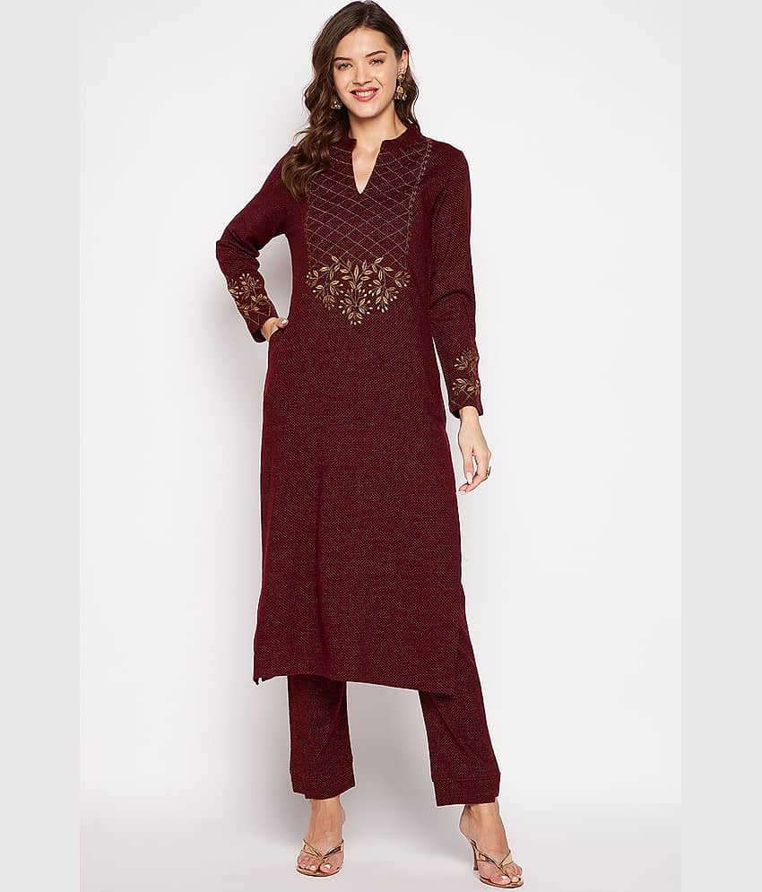 zigo Woollen Embroidered Kurti With Palazzo Women's Stitched Salwar Suit - Maroon ( Pack of 1 )