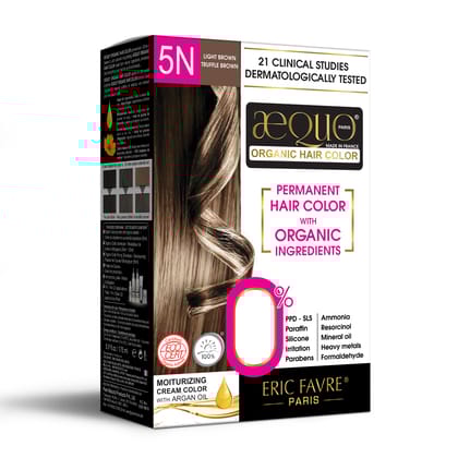 Aequo Organic Cream Hair Colour With QH+ Water | Natural, 100% Grey Coverage, Long-Lasting, PPD & Ammonia Free Permanent Hair Conditioning Color For Women | 5N Light Brown 170ml, Pack Of 1 Aequo Organic Cream Hair Colour With QH+ Water | Natural, 100% Gr