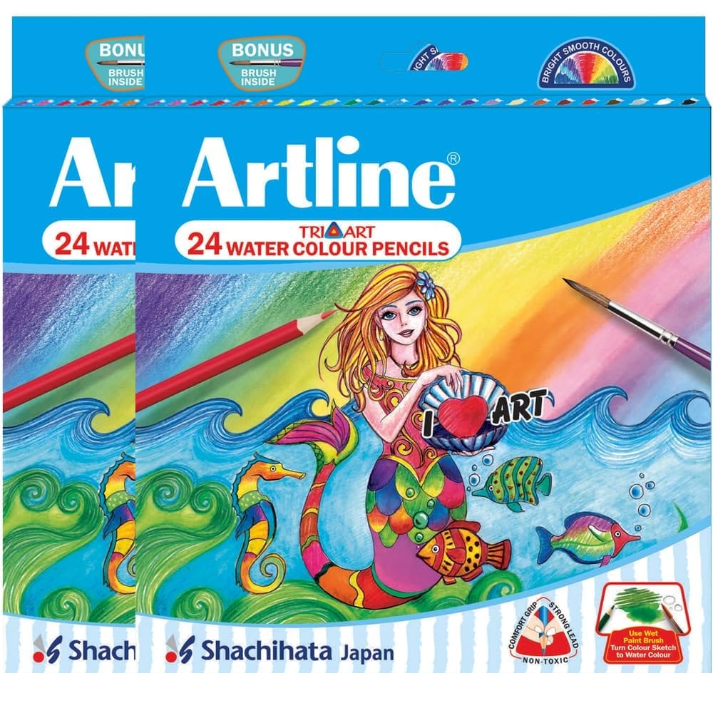 Artline Water Colour Pencil Pack of 24 with 7 inch free brush X 2 Packs | Bright Smooth Colours