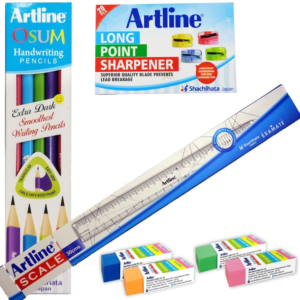 Artline Combo Pack of OSUM Handwriting Pencil Pack Of 10, Jumbo Dust Free Eraser Assorted Colour Box Of 20, Long Point Sharpener Box Of 20 and Scale 30CM Transparent Pack of 10