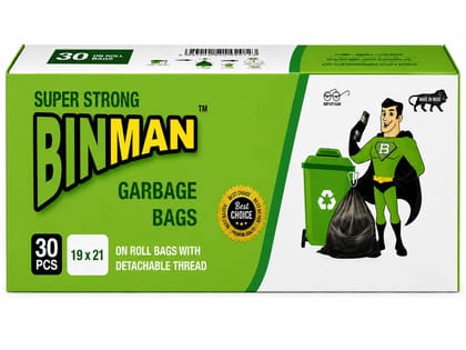 BINMAN Super Strong Garbage Bags on Roll with Detachable Thread | 30 Bags | 19 x 21 Inches | Heavy Duty Disposable Trash Bags for Home, Office & Commercial Use