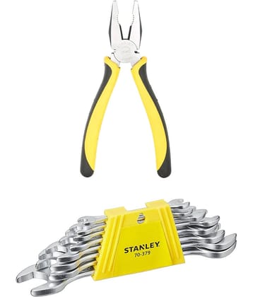 Stanley 2 Hand Tool Combo Double Open End Spanner Set 6X7 To 20X22(70-379E)/ 8" Combination Plier, Bi-Material (70-482)