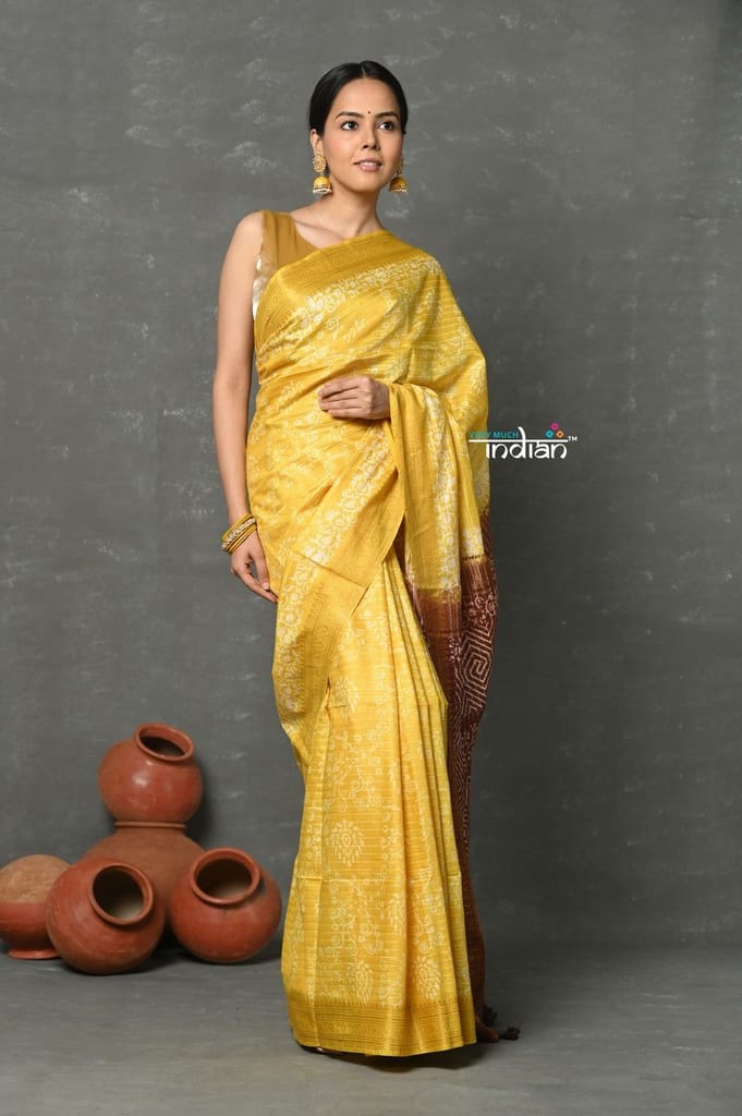 Tyohaar ~ Cotton Viscose Hand Dyed Saree With Handblock Print - Yellow Brown - Sarees | Buy online on ZillyBuy