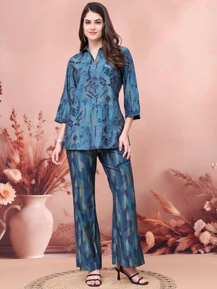 Blue Abstract Printed Chanderi Co-Ord Set for Women | S-3XL | Claura-S
