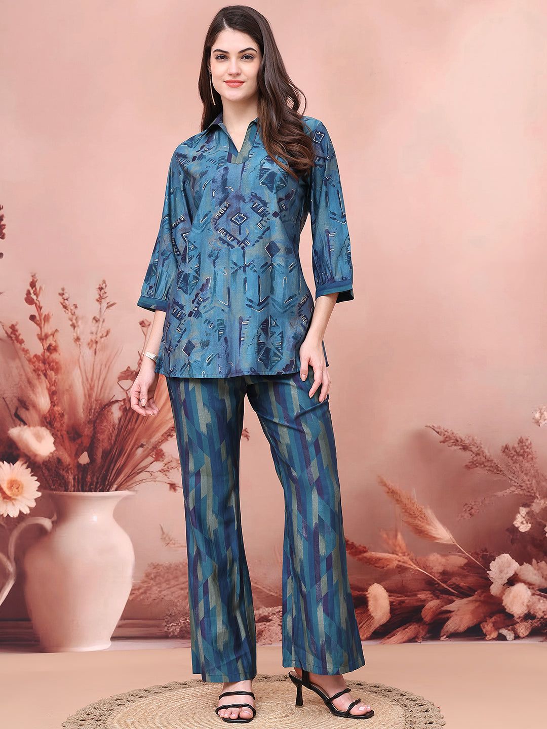 Blue Abstract Printed Chanderi Co-Ord Set for Women | S-3XL | Claura-S
