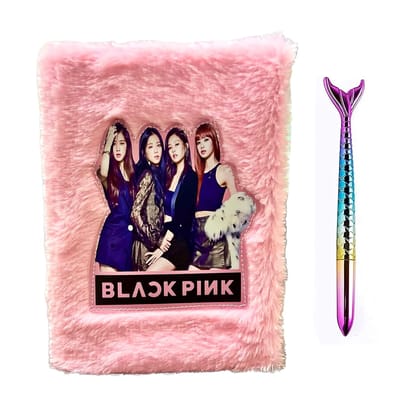 BTS and Black Pink Fur Diary for Kids Fur Notebook for Girls Personal Diary for Kids School Notebook Designer Diary for Kids 160 Ruled Pages (Black Pink Fur diary with Mermaid Pen)
