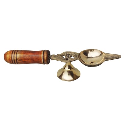 Brass Table Decor Oil Lamp Deepak With Wooden Handle  - Traditional Deepak for Temple, Height : 1.2 Inch (FMAS363 B)
