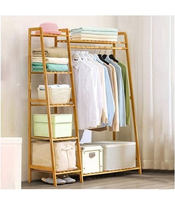 House of Quirk Bamboo Wood Garment Rack Clothing Rack with 5 Tiers Storage Shelf Corner Clothes Hanging Rack (Ladder Design)(130cm Width)