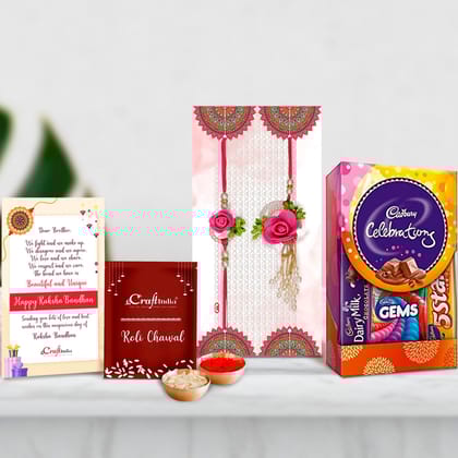 Designer Bhaiya Bhabhi Rakhi with Cadbury Celebrations Gift Pack of 5 Assorted Chocolates and Roli Chawal Pack, Best Wishes Greeting Card