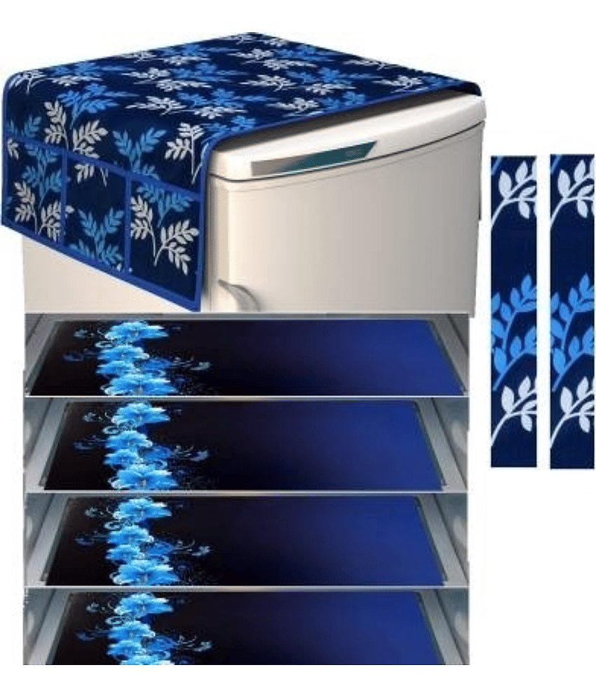 Crosmo Polyester Floral Printed Fridge Mat & Cover ( 64 18 ) Pack of 7 - Blue