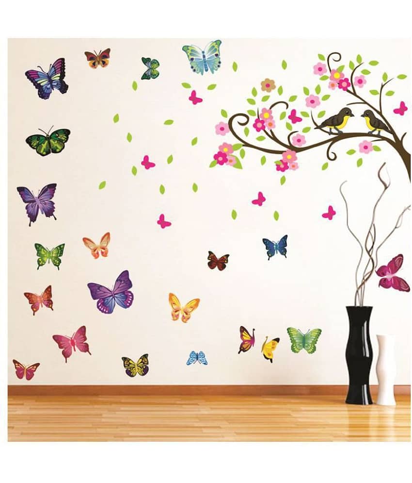 Decor Villa BUTTERFLY TREE BIRDS Nature Sticker ( 109 x 91 cms )