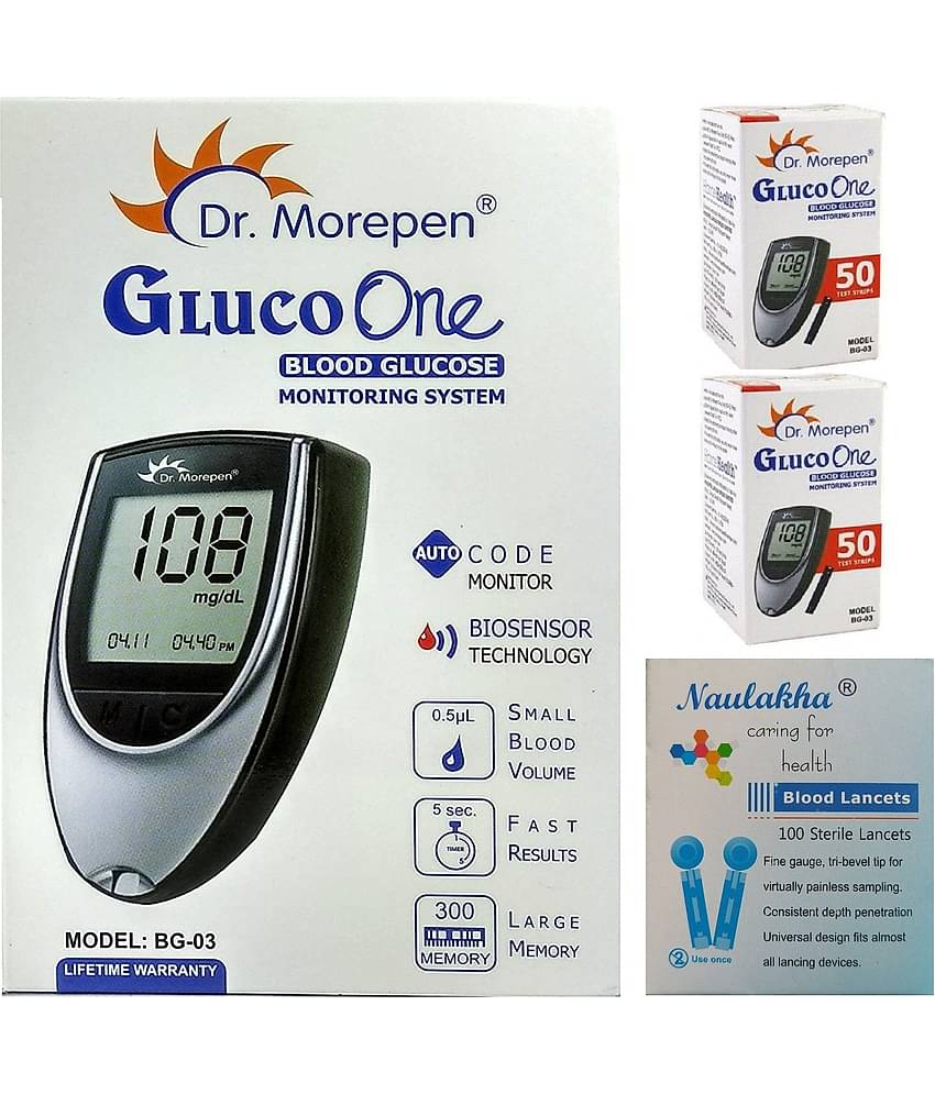 Dr. Morepen Glucometer + 100 Strips + 100 Naulakha Lancets