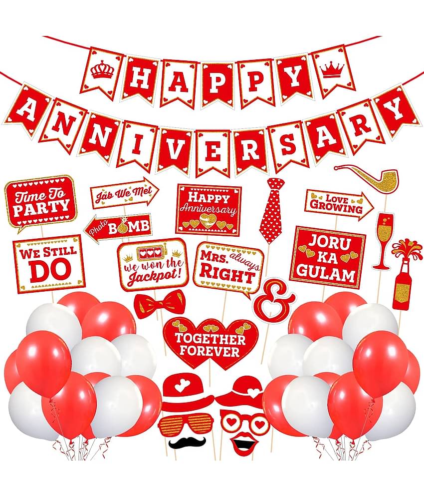 Zyozi  Anniversary Photo Booth Party Props DIY Kit -Happy Anniversary Banner, Photo Booth Props and Balloon/Happy Anniversary Decoration Kit/Anniversary Party Decoration (Pack of 48)