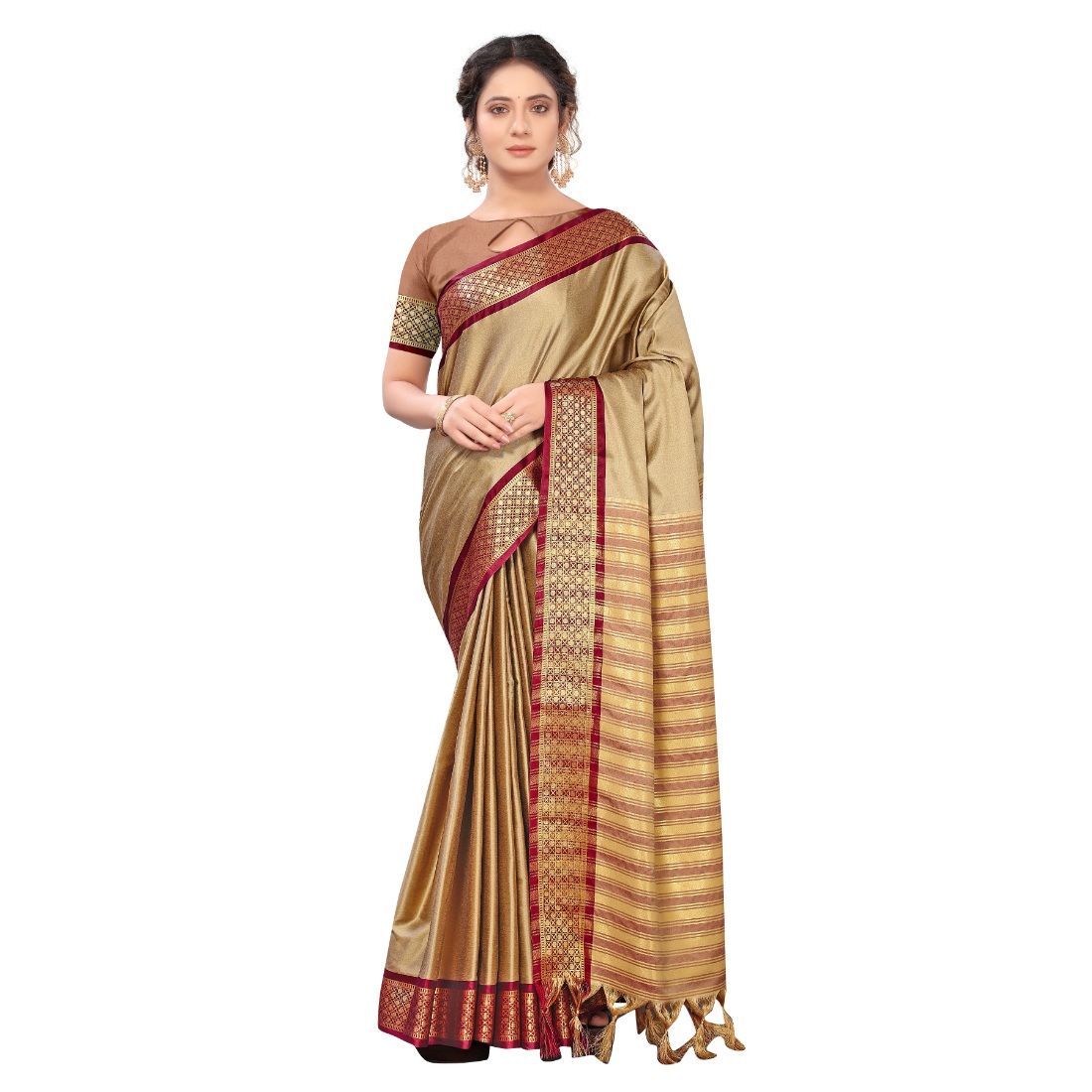 Generic Women's Cotton Silk  Saree with Blouse (Beige, 5 - 6 Mtrs)