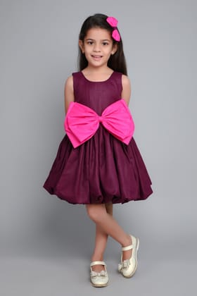 Colorblock Cotton Balloon Bow Dress with Matching Clip - Burgundy &Pink-1-2Y / Burgundy