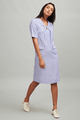 EYELET STRIPE DRESS-L / Blue/White