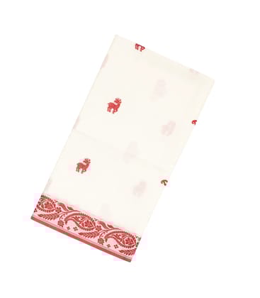 White Handloom Bengal Cotton Saree With Deer Buttas-BG1366-White