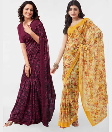 Samah Georgette Printed Saree With Unstitched Blouse Piece ( Yellow )
