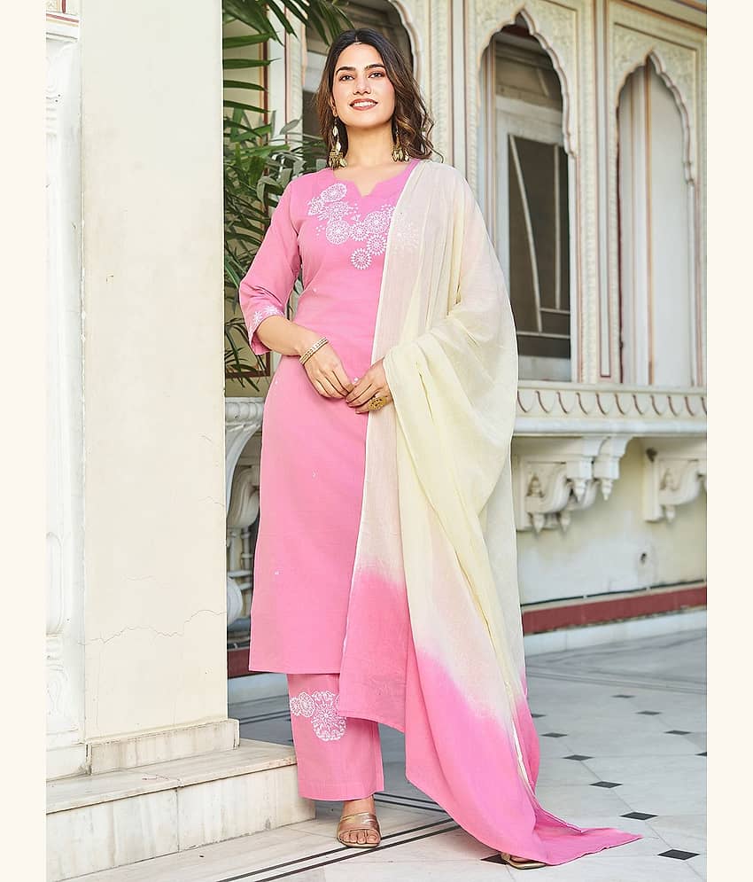 TRAHIMAM Women Cotton Embroidered Straight Kurti With Pants ( Pink )
