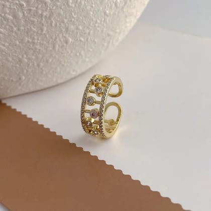 Twin Layer Bezel Cubic Zirconia 18K Gold Anti Tarnish Open Back Free Size Ring for Women