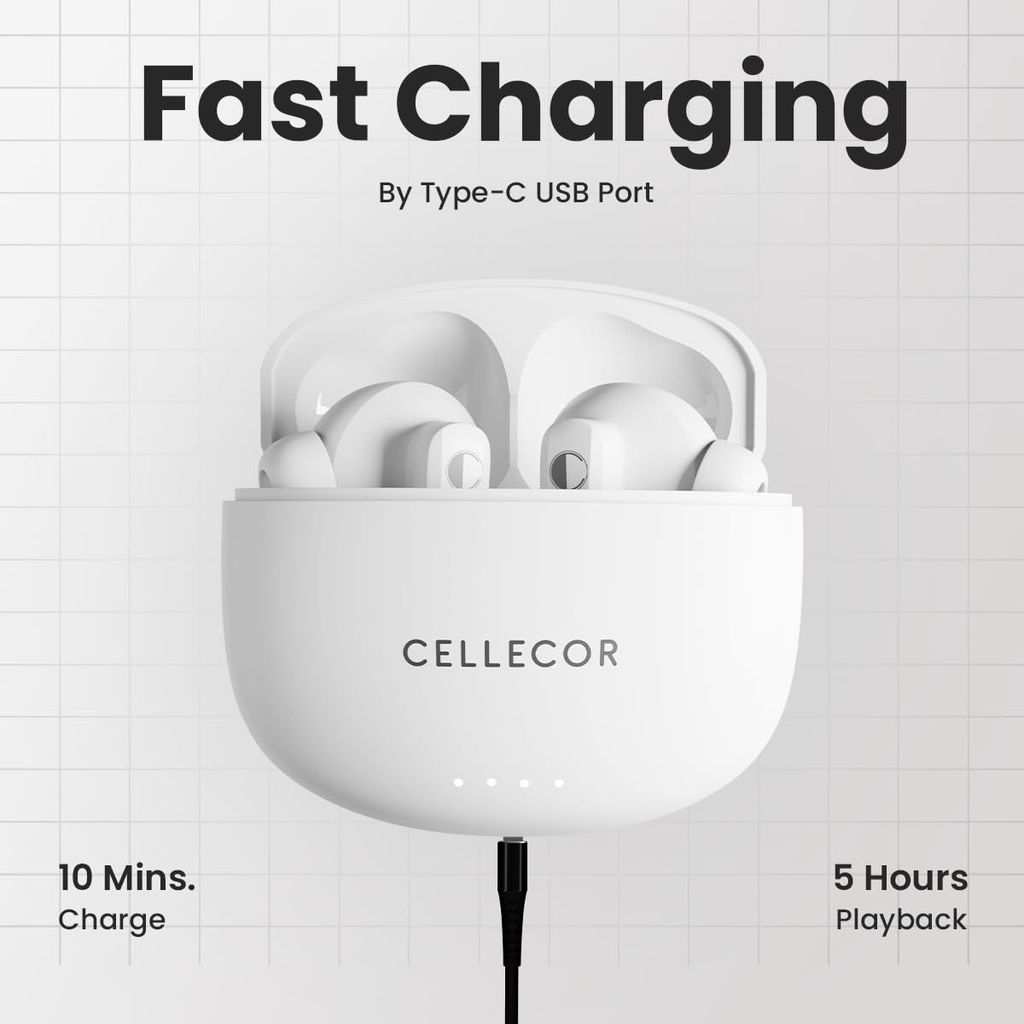 CELLECOR BroPods CB03-ACE TWS with 40 Hours Playtime, Automatic Pairing, HD Sound and 5.1V Bluetooth (WHITE)