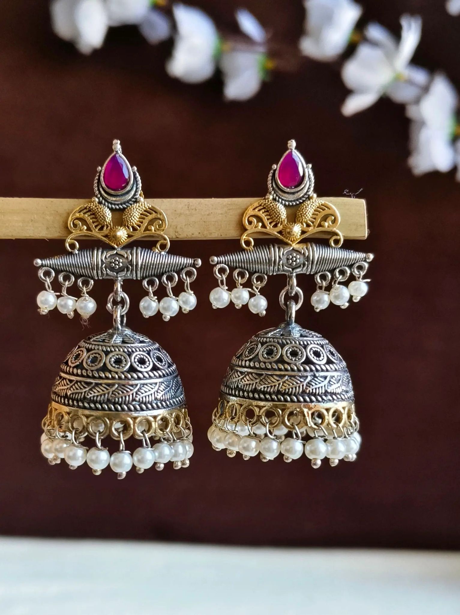 Silver & Gold Finish Traditional Jhumkas | Sarichka-Red