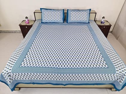 Bedsheet Set Floral Printed Cotton with Pillow Covers, Intricate Ethnic Rajasthani Design, 100% Cotton, 210 x 226 cm, Blue, Green & White Color,Best for Single Bed & Big Deewan Sets