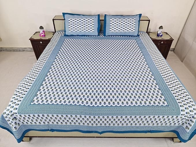 Bedsheet Set Floral Printed Cotton with Pillow Covers, Intricate Ethnic Rajasthani Design, 100% Cotton, 210 x 226 cm, Blue, Green & White Color,Best for Single Bed & Big Deewan Sets