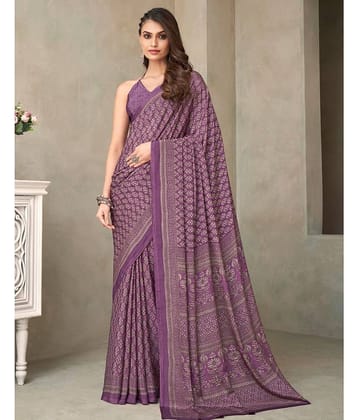 Samah Crepe Printed Saree With Unstitched Blouse Piece ( Purple )