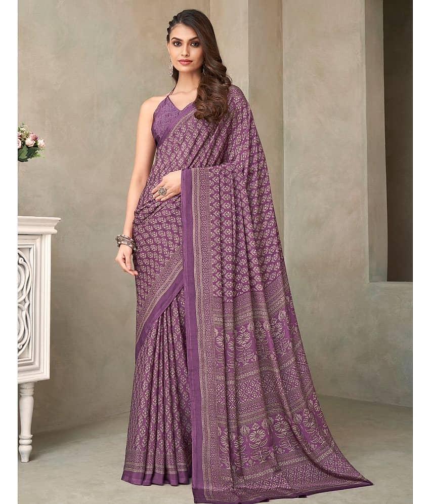 Samah Crepe Printed Saree With Unstitched Blouse Piece ( Purple )