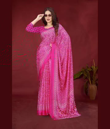 JIHANA FAB Chiffon Printed Saree With Unstitched Blouse Piece ( Pink )