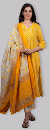 Rekha fashion_stylish Cotton yellow printed fashionable kurta set with dupatta