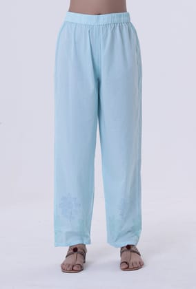 Greenish-Blue Cotton Block Printed Pant-L