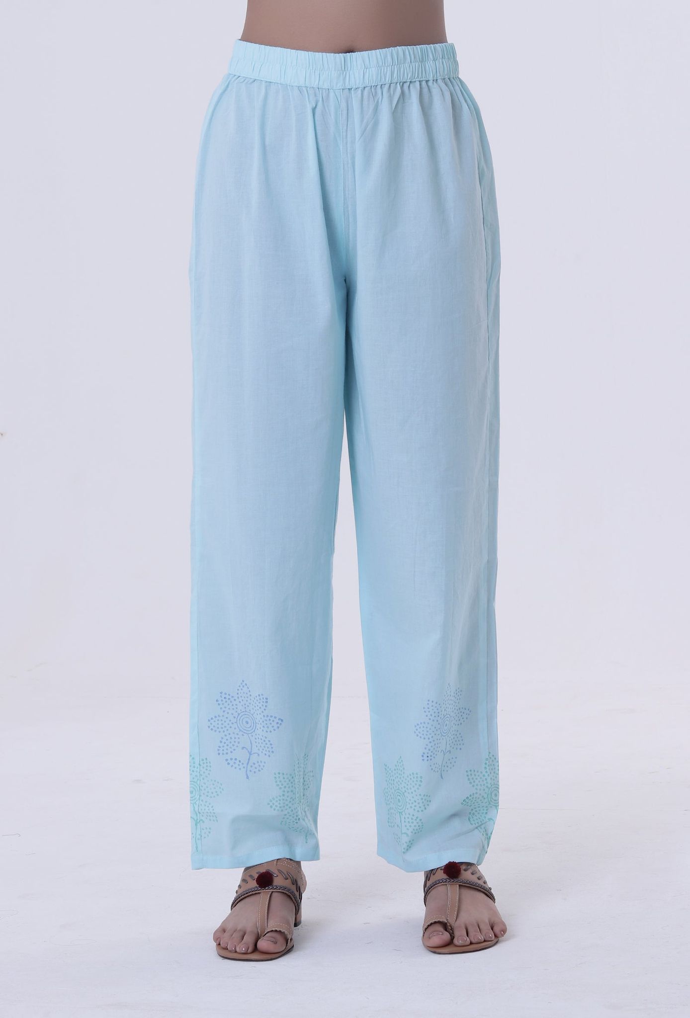 Greenish-Blue Cotton Block Printed Pant-XXL