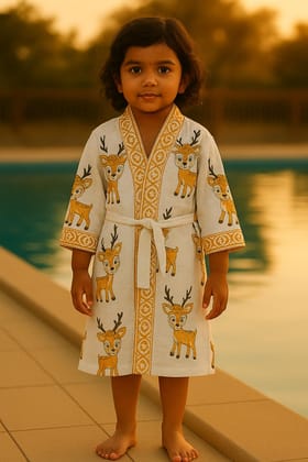 Handblock printed waffle cotton bathrobe for kids - 4-13 years old-4-8 years